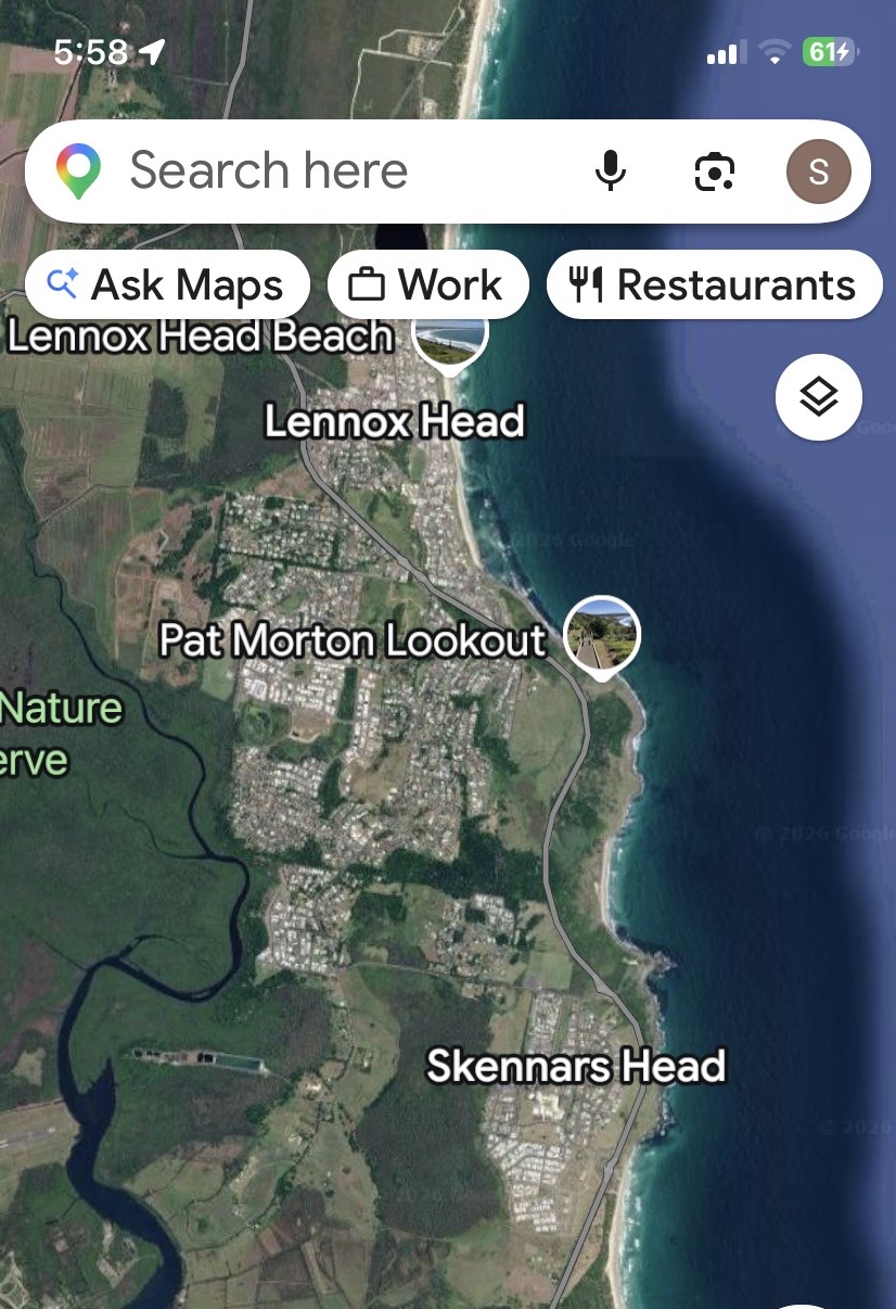 Google Maps on a phone showing the Ask Maps button above Lennox Head